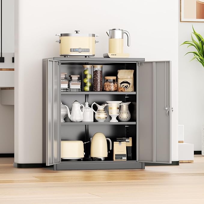 INTERGREAT Metal Storage Cabinet with Doors and Shelves,Lockable Storage Cabinet for Office,36”Black Grey Metal Utility Cabinet Garage Cabinets for Home Office, Garage, Kitchen, Shop
