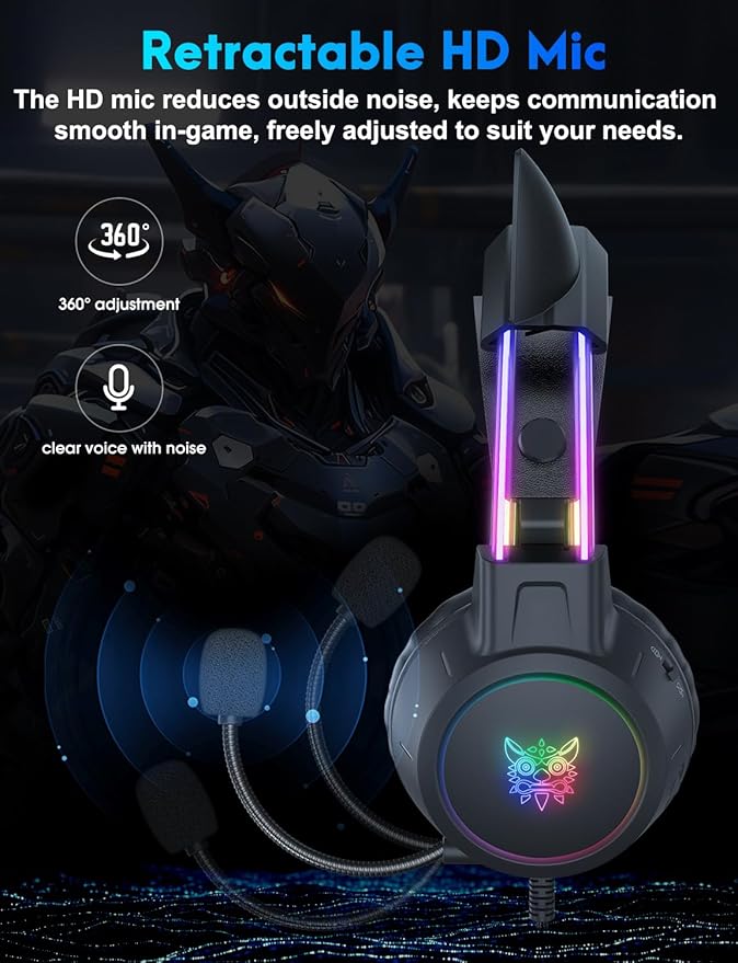 Lightweight Gaming Headset with Detachable Cat Ears, RGB Lighting, Wired Over Ear Headphones with Mic for PC, PS4, PS5, Switch, Stereo Surround Sound, Self-Adjusting Headband