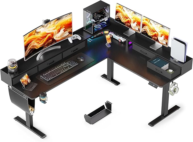 WALKINGDESK 75 Inches Height Adjustable L Shaped Standing Desk with 5 Drawers and Monitor Shelf, Electric Sit to Stand Home Office Comupter Table, Ergonomic Corner Gaming Desk, Black