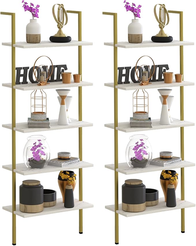 Wolawu 5 Tiers Ladder 2-Piece Shelf White Marble Modern Bookshelf Open Tall Wall Mount Bookcase Standing Leaning Wall Shelves Industrial Decorative