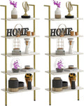 Wolawu 5 Tiers Ladder 2-Piece Shelf White Marble Modern Bookshelf Open Tall Wall Mount Bookcase Standing Leaning Wall Shelves Industrial Decorative