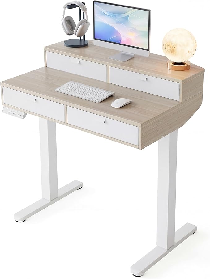 HUANUO 32 x 20 inch Electric Standing Desk with 4 Drawers, Adjustable Height Sit Stand Home Office Desk, C-Clamp Mount Compatible, Ergonomic Stand up Desk with 4 Preset Heights, Natural