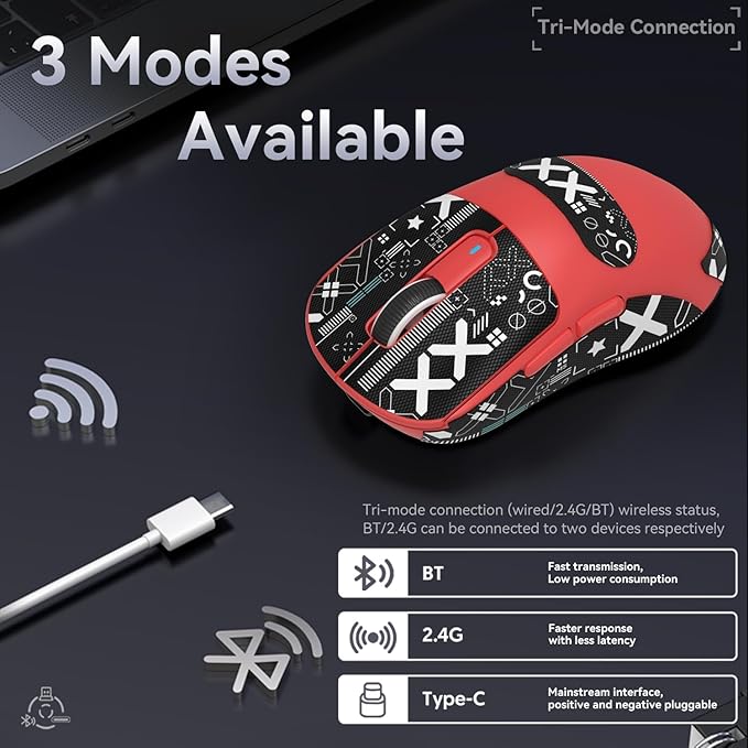 MAMBASNAKE Attack Shark X3 Wireless Gaming Mouse, 49g Ultralight, PixArt PAW3395 26000 DPI, Bluetooth/2.4Ghz /Wired Tri-Mode, 200Hrs Rechargeable Battery, Kailh GM8.0 Switch for PC/MAC/Win - Red&Tape