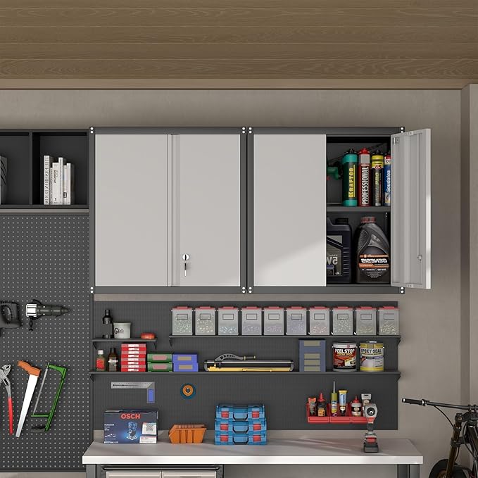 IRONFFICE Locking Cabinet,Hanging Cabinets for Wall,Garage Storage Cabinets with Lock,Metal Wall Cabinets for Garage,Warehouse,Caravans,Grey-Black