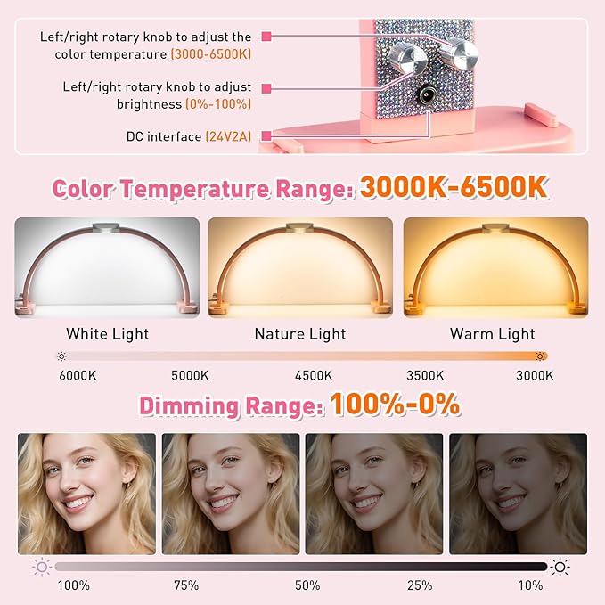 HITTI Super Large 31in Half Moon Light for Nail Desk, Foldable Arch Light for Nail Tech Lamp with Phone Stand, LED Table Lamp for Manicure, Handicraft, Art, Eyelash Extension (Crystal Diamond)-Pink