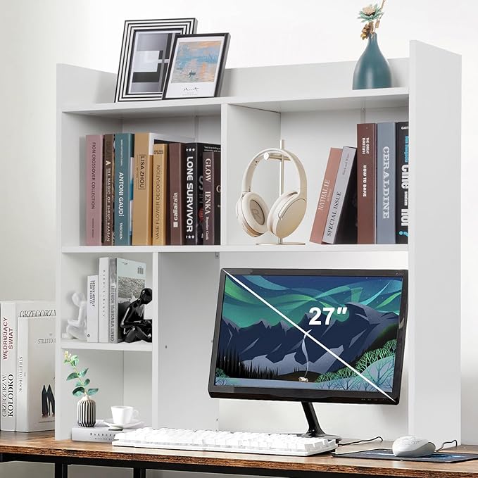 Desktop Bookshelf 36" Tall, White Desk Hutch for Computer Desk, 4-Tire Wood Desk Shelf Storage Organizer for Office Home