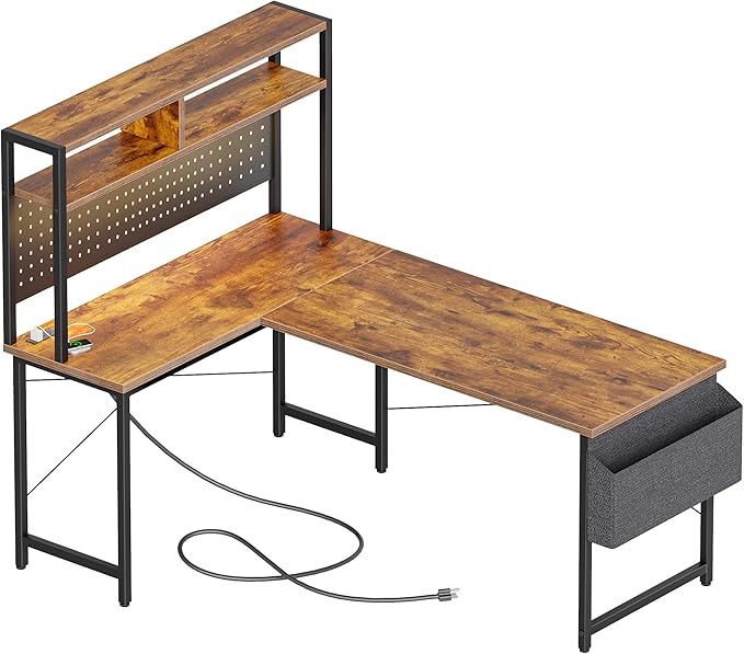 Mericonia 50 inch Large L Shaped Desk with Pegboard Hutch & Shelves, Corner Gaming Desk with Power Outlet, LED Light & Storage Bag, Reversible Computer Desk for Home, Bedroom, Office Workspace, Brown