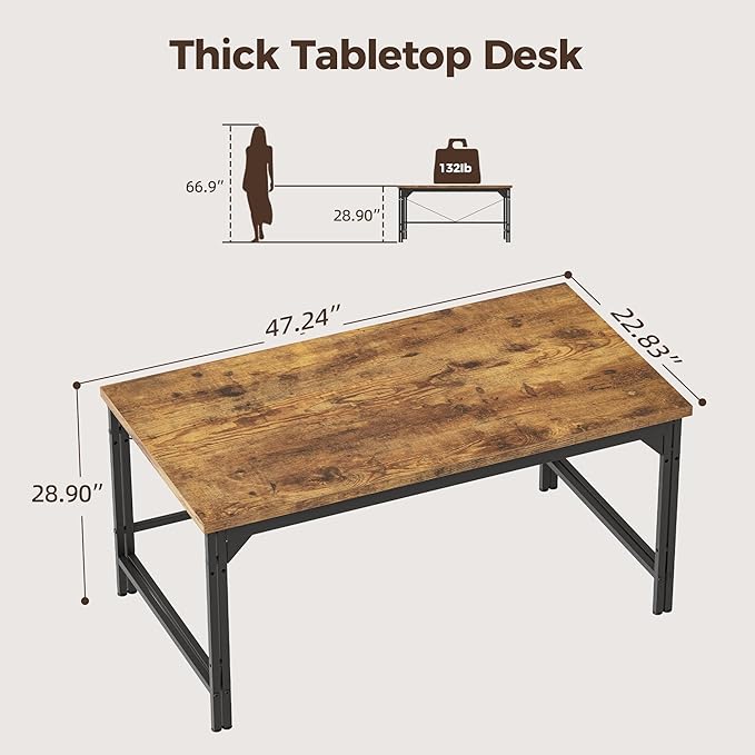 Mericonia 48 Inch Computer Desk, 1" Thick Heavy Duty Industrial Office Desk, Modern Simple Study Writing Table for Home Office Bedroom Workstation, Dark Brown