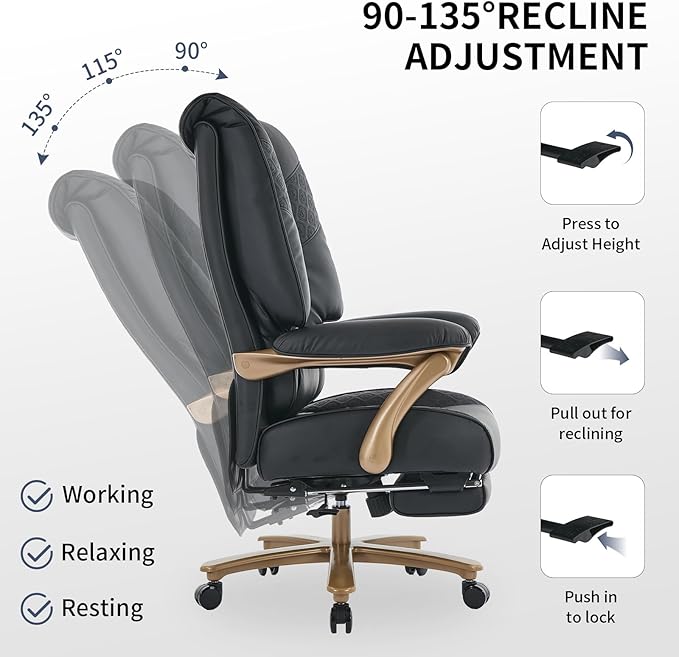 EXCEBET Big and Tall Executive Office Chair with Footrest, 400LBS Capacity Ergonomic High-Back Desk Office Chair with Lumbar Support, Padded Armrests & Thick Cushion, Black PU Leather Chairs