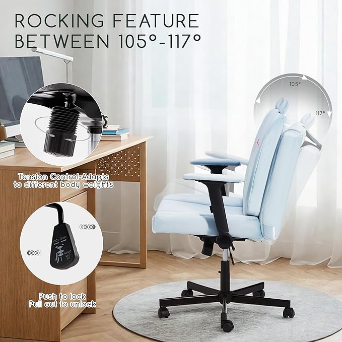 HOMREST Criss Cross Chair with Arms and Castors, Plus Size Cross Legged Office Chair with Extra Wide Seat&Flexible Back Cushion, Cute Comfy Desk Chairs for Home Office, Vanity, Gaming,Reading(Blue)