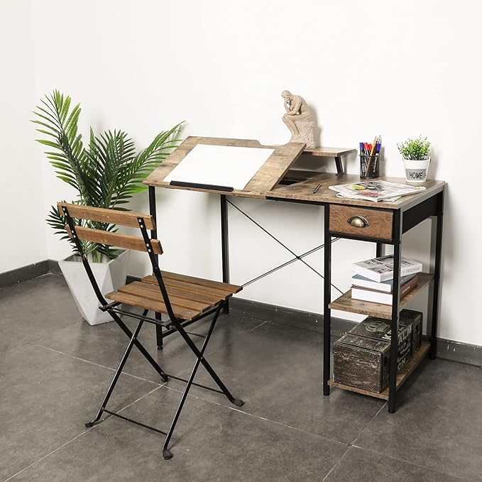 X-cosrack Drafting Table with Storage Shelves & Drawer, 43" Adjustable Art Desk with Monitor Stand for Home Office Computer, Tiltable Draft Drawing Table for Artist, Study, Writing Workstation