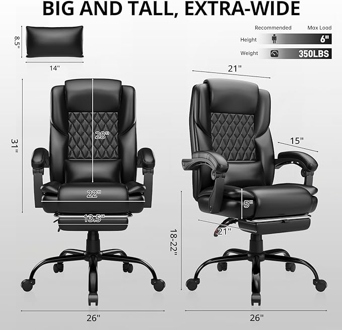 350lbs Big and Tall Executive Office Chair with Footrest, Reclining High Back Leather Desk Chair, Wide Seat with Pocket Spring Lumbar Support and Pillow, Ergonomic Computer Chair for Home Office