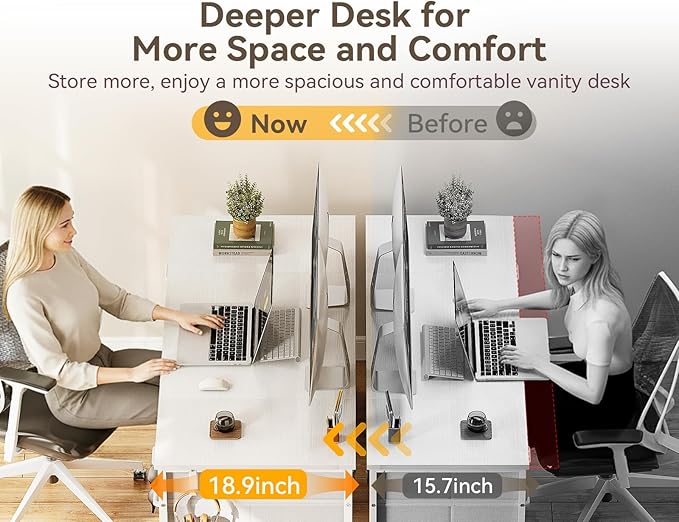Casaottima 48 Inches Vanity Desk with 8 Fabric Drawers, Modern Office Desk with Large Storage for Home Office, Study, White