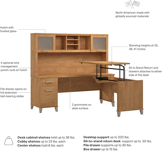 Bush Home Somerset 72W 3 Position Sit to Stand L Shaped Desk with Hutch in Maple Cross | Adjustable Height Table for Office