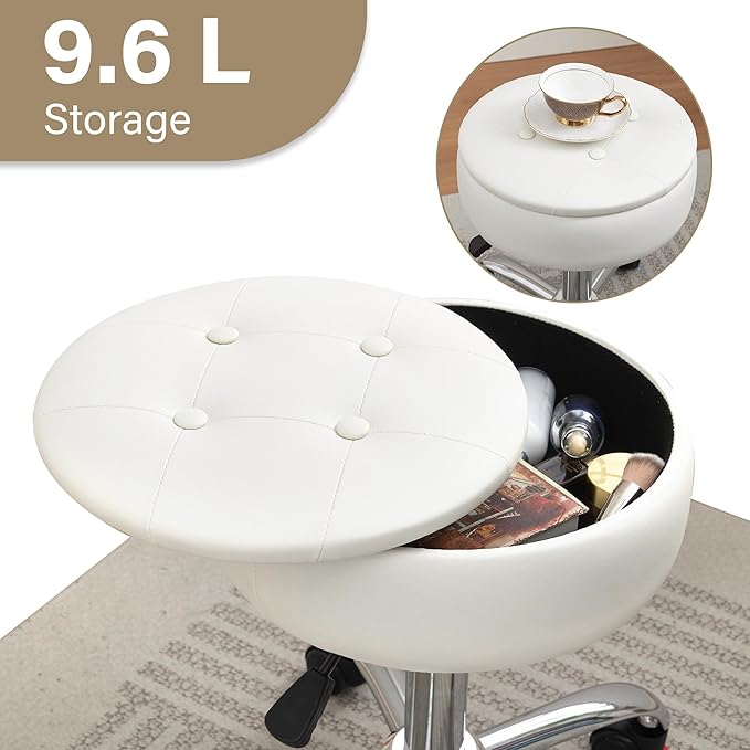 Gitrah Vanity Chair with Wheels Adjustable Vanity Stool with Storage Swivel Vanity Stool for Vanity Rolling Makeup Chair White