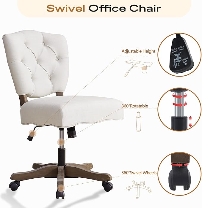 HUIMO Upholstered Swivel Desk Chair Chenille Tufted Fabric Home Office Chair with Wheels Adjustable Height Classic Task Chair with Wooden Legs Comfortable Armless Chair for Studio Study (Beige)