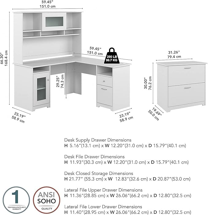 Bush Furniture Cabot 60W L Shaped Computer Desk with Hutch and Lateral File Cabinet in White