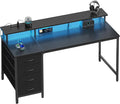 DUMOS Computer Desk with 4 Drawers,4 Drawer Gaming Desk with Power Outlets and LED Lights,Office Desk for Small Spaces with Monitor Shelf,Writing Desk for Home Office, Bedroom,Study 45 Inch Black