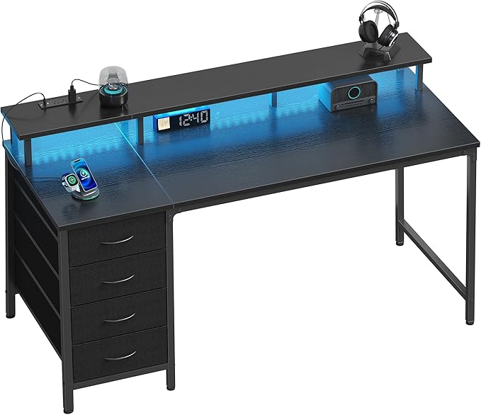 DUMOS Computer Desk with 4 Drawers,4 Drawer Gaming Desk with Power Outlets and LED Lights,Office Desk for Small Spaces with Monitor Shelf,Writing Desk for Home Office, Bedroom,Study 45 Inch Black
