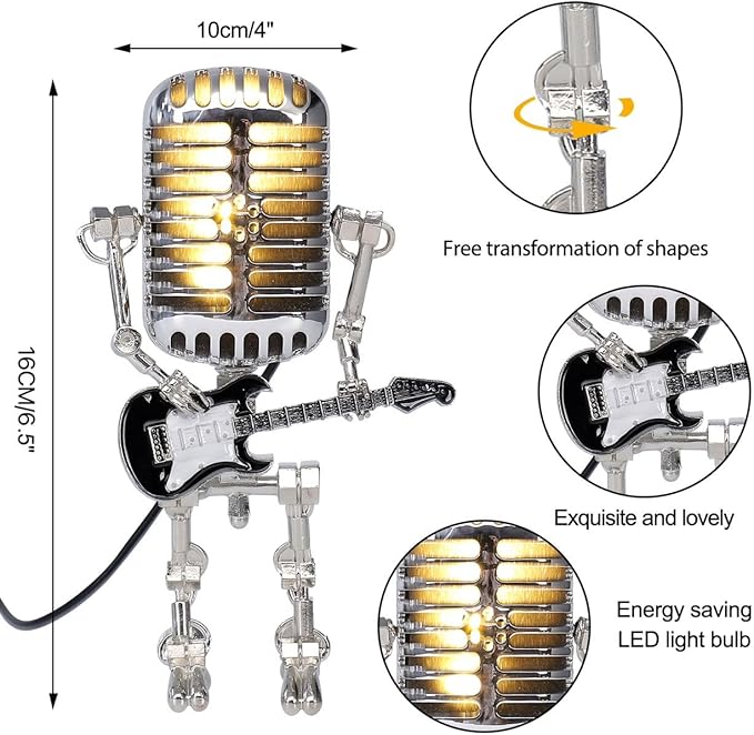 Vintage Microphone Guitar Robot Lamp, Music Gifts for Men, Cool Gifts for Music Lovers, Vintage Light Home Decor Nightstand Desk Lamp for Bedroom, Music Studio (Yellow)