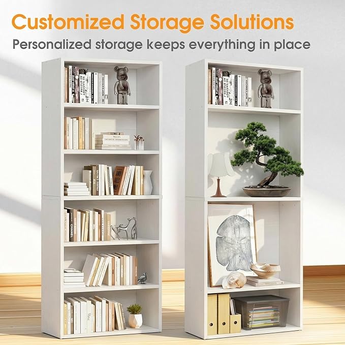 Sweetcrispy Industrial 6 Shelf Bookcase - Large 63 Inch Tall Floor Standing Open Bookshelf for Home Office, Living Room, and Bedroom Storage, Classic White