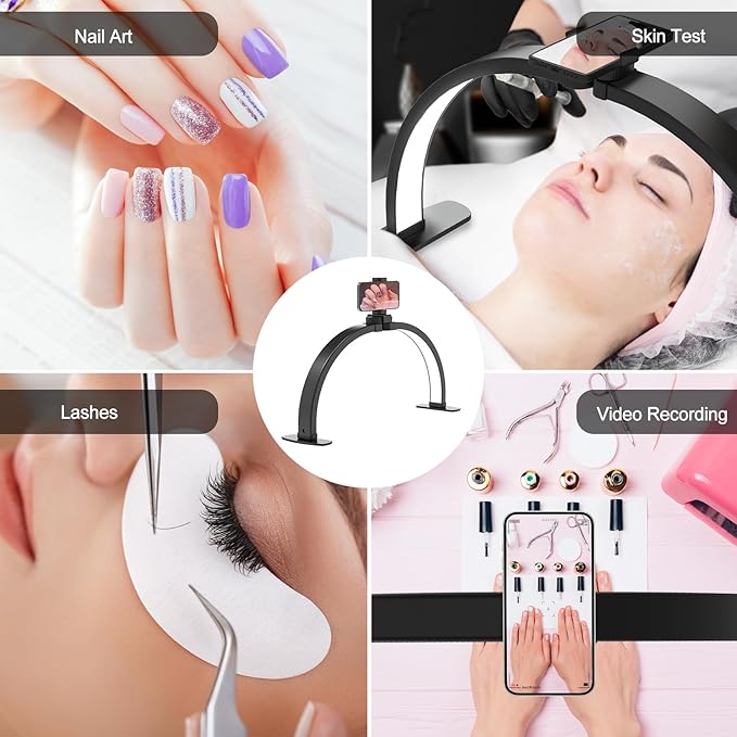 Half Moon Light for Nail Desk: 29in LED Arch Nail Tech Table Lamp with Phone Holder - Salon Professional Desk Light 3 Color Modes & 10 Brightness Lighting for Manicure Technician Use（Black,Large）