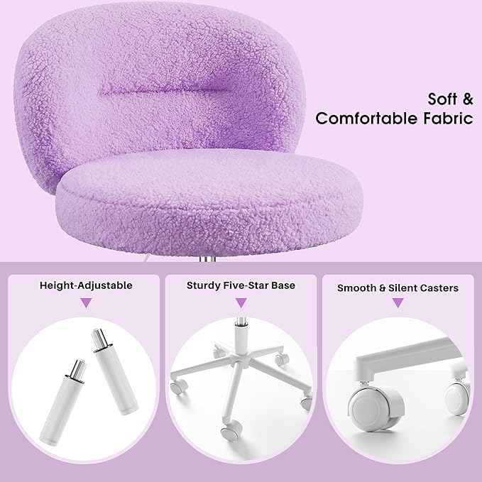 Homkdom Small Round Vanity Chair, Armless Home Office Desk Chairs with Back, Height Adjustable & 360° Swivel, Cute Comfy Vanity Computer Chair for Bedroom, Home Office, Purple