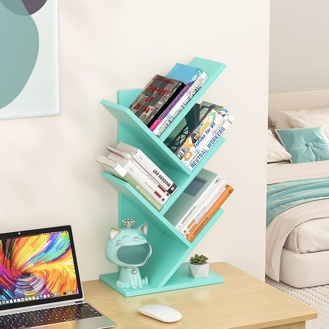 SHEEPAM 5 Tier Tree Book Shelf, Small Desktop Bookshelf with Storage Organizer, Wood Bookcase, Desk Display Bookshelves, Floor Standing Organizer Bookcases for Living Room,Bedroom,Office-Green