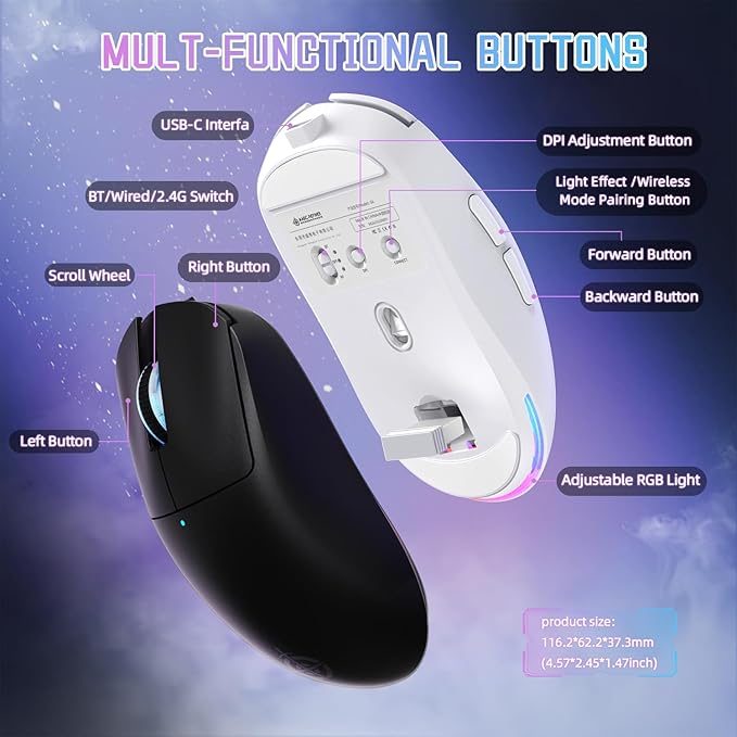 MAGIC-REFINER G6 Wireless Gaming Mouse,24000 DPI Adjustable,72g Lightweight Mouse,1000Hz Polling Rate,Tir-Mode BT/2.4G/ Wired Gaming Mouse,750mAh Battery,with Grip Tape for Gamer/Office/PC/Mac,Black