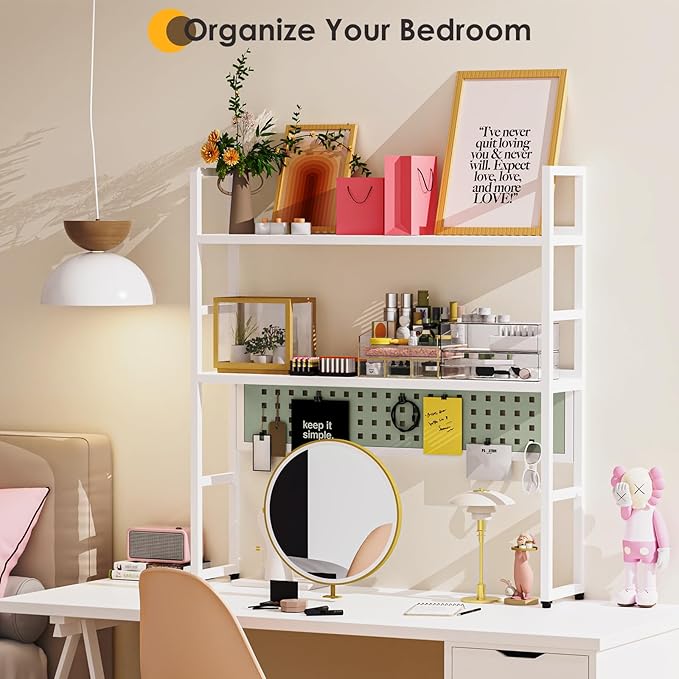 Brakki Desk Shelf, 35.43" Desk Hutch Bookshelf, Desktop Shelf with Pegboard for Computer Monitor, Metal Desktop Hutch Storage Organizer for Dorm Home Office, 2 Tier Bookcase, White