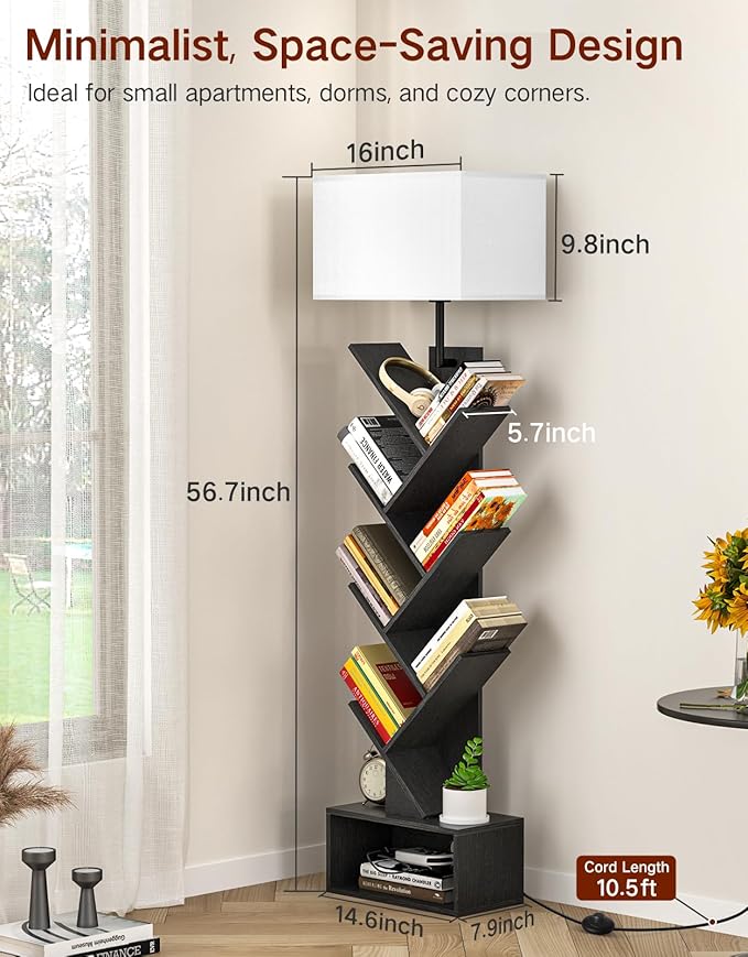 6 Tier Tree Bookshelf with Light, Remote & Timer, Modern Tall Floor Standing Book Shelf, Narrow Wood Bookcase, Small Book Organizer Shelves for Living Room, Bedroom, Office (Black)