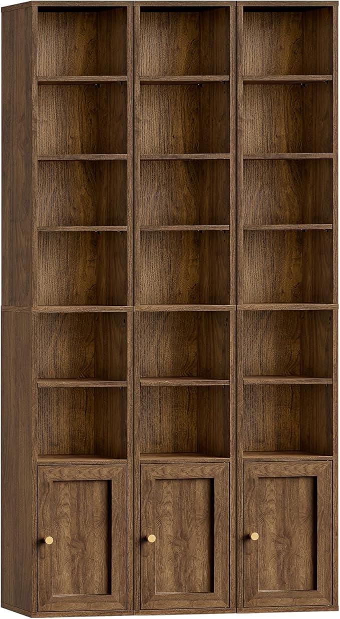 RALGEND 7-Tier Tall Narrow Bookshelf with Door Set of 3, 70.9 Inches CD DVD Slim Media Tower Rack with Storage Cabinet, Adjustable Shelves, Skinny Bookshelf Display Bookcase for Home Office, Walnut