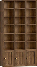 RALGEND 7-Tier Tall Narrow Bookshelf with Door Set of 3, 70.9 Inches CD DVD Slim Media Tower Rack with Storage Cabinet, Adjustable Shelves, Skinny Bookshelf Display Bookcase for Home Office, Walnut