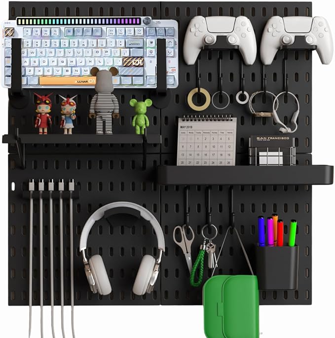 Keepo Peg Board Wall Organizer for Gaming Setup, Pegboard with Adhesives & Screw Mounts, Includes Peg Board Accessories for Gaming Accessories, Tech Storage & Office Organization (Black, 22″×22″)