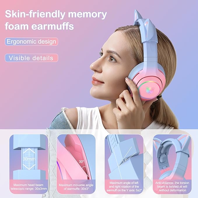 PHNIXGAM Gaming Headset for PS4, PS5, Cat Ear Headphones with Retractable Microphone, RGB Backlight, Surround Sound for PC, Mobile Phone, Gradient Pink Blue