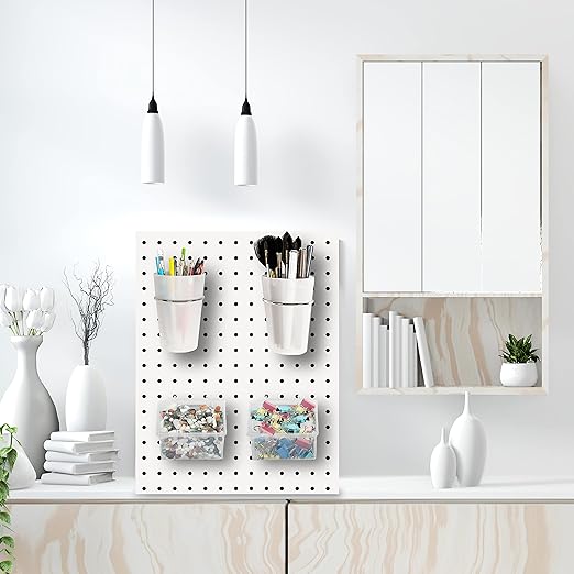 Kuhome 6 Sets Pegboard Bins and Cups with Pegboard Hooks, Pegboard Accessories Baskets, Hooks for Pegboard Cup Holder for Organizing Craft Tools Storage Garage Office Workbench Transparent