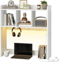 HOOBRO Desktop Bookshelf, Office Desktop Shelf, Desk Hutch with Outlets, Wooden Office Desktop Bookcase, Desktop Organizer Shelf with LED Light Strip and 3 Hooks, for Home, Study, White WT12UDSJ01