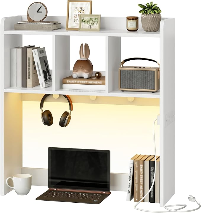 HOOBRO Desktop Bookshelf, Office Desktop Shelf, Desk Hutch with Outlets, Wooden Office Desktop Bookcase, Desktop Organizer Shelf with LED Light Strip and 3 Hooks, for Home, Study, White WT12UDSJ01