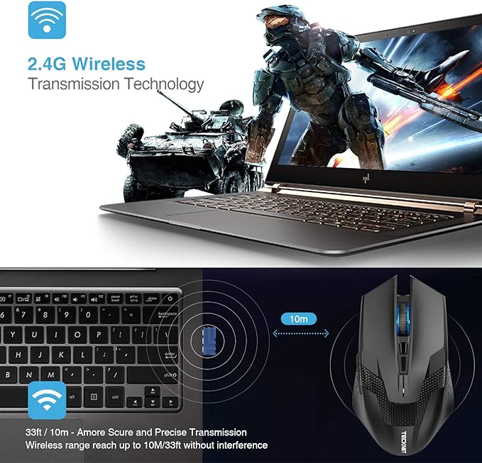 TECKNET Wireless Mouse-USB Ergonomic Optical Cordless Mouse with 8 Buttons,12-Month Battery Life,4800 DPI Optical Tracking,High-Precision 5 Adjustable DPI for PC/Mac/Laptop