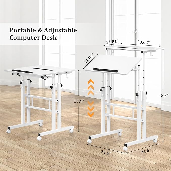 Enayplon Small Standing Desk with Wheels, Mobile Stand Up Desk, Portable Standing Table on Wheels for Walking Pad, Rolling Computer Desk Adjustable Height, Tall Table