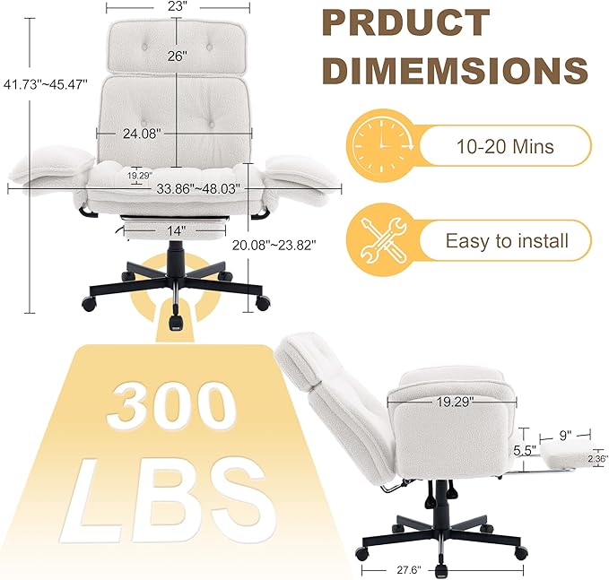 Criss Cross Chair with Wheels, Extra Wide Cross Legged Office Chair with Flip-Up Armrests & Footrest, Ergonomic Teddy Fleece Swivel Desk Chair with Adjustable Headrest for Home Office & Vanity White