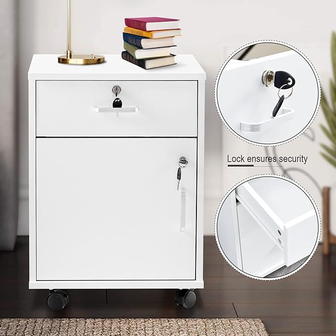 OFCASA Mobile 2 Drawer File Cabinet with Lock, Wooden Under Desk Filing Cabinet with Wheels, Small Rolling Storage Cabinet for Home Office Organizer A4/Letter Size/Legal, White