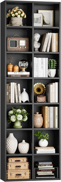 FOTOSOK 71'' Tall Bookshelf with 14 Cubes, 7 Tier Double Wide Black Bookshelf with 6 Adjustable Shelves, 19.6" Narrow Bookcase DVD/CD Media Storage, Space Saving Display Shelf Cabinet, Black