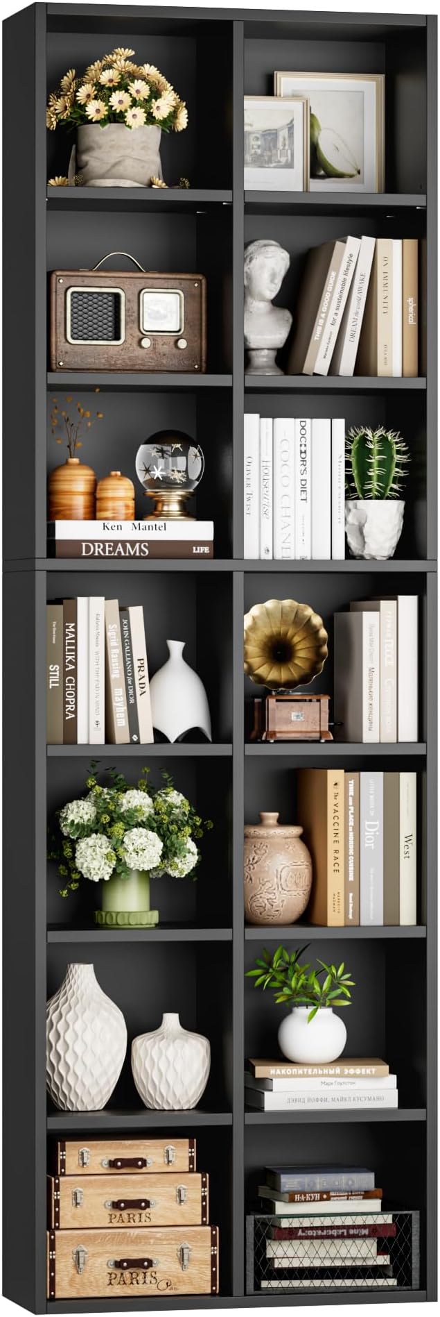 FOTOSOK 71'' Tall Bookshelf with 14 Cubes, 7 Tier Double Wide Black Bookshelf with 6 Adjustable Shelves, 19.6" Narrow Bookcase DVD/CD Media Storage, Space Saving Display Shelf Cabinet, Black