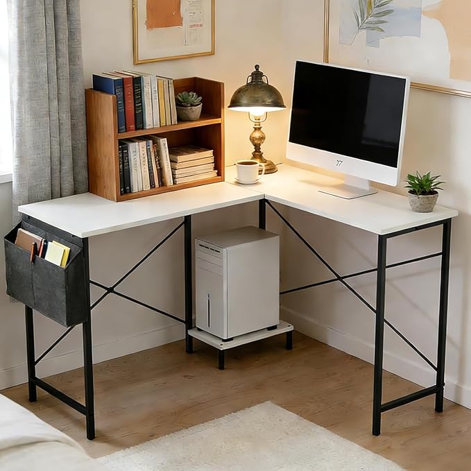 L Shaped Desk, 50 Inch Reversible Computer Desk Corner Gaming Table with CPU Stand & Storage Bag, Sturdy Metal Frame PC Workstation for Home Office, White Wood