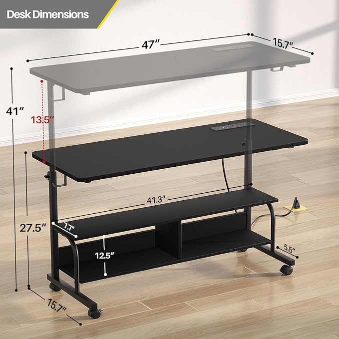 Armocity Rolling Standing Desk with Power Outlets, 47" Manual Height Adjustable Mobile Computer Desk with Wheels, Portable Sit Stand Laptop Couch Table for Bed & Sofa Home Office, Black