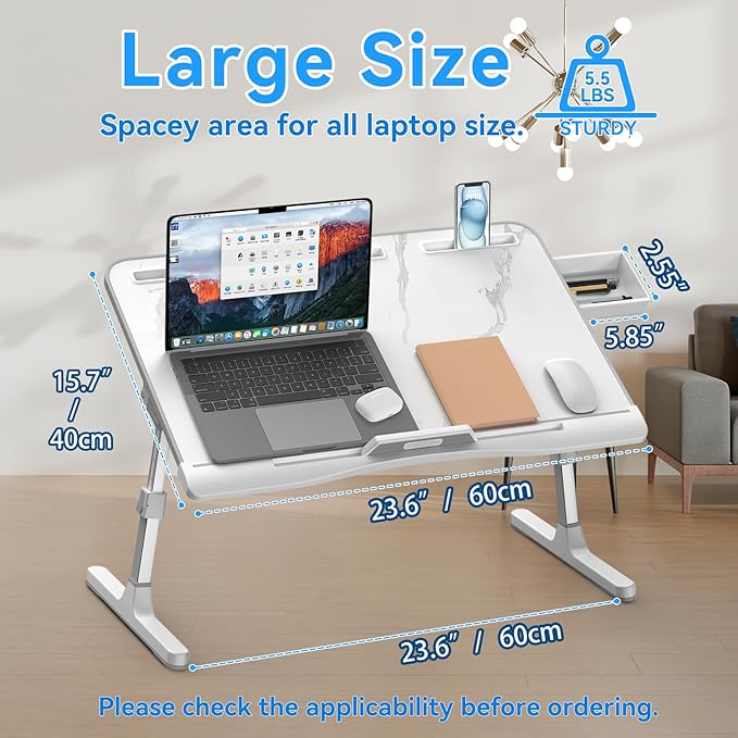 HETTHI Laptop Bed Desk, Adjustable Laptop Lap Desk with Drawer, X-Large Foldable Bed Table Tray for Bed Couch Floor Desk Writing Working Reading Eating Painting (Marble, 23.6"×15.7")