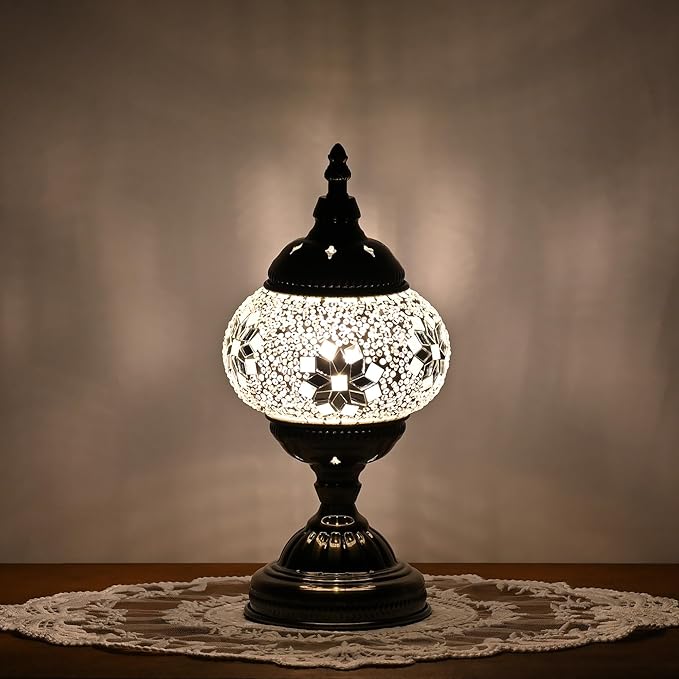 GOGERS Turkish Moroccan Table Lamp Lantern with Handmade Mosaic Glass Lampshade Tiffany Style Bohemian Stained Glass Decorative Desk Lamps Bedside Night Lights for Bedroom (White Fancy)