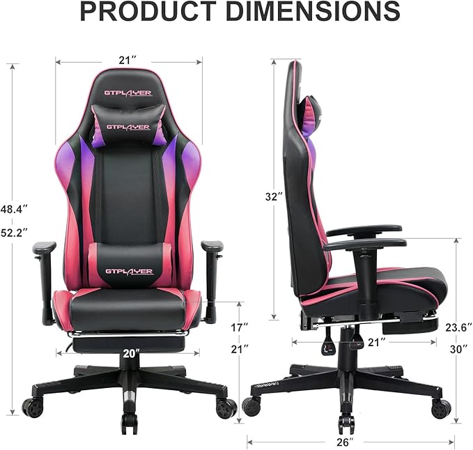 GTPLAYER Gaming Chair with Footrest, Ergonomic Computer Game Desk Chair, Reclining Gaming Chair Seat Height Adjustment, Swivel Rocker with Headrest and Lumbar (Colorful)