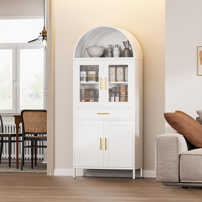 VEXPOR 73" Tall Arched Kitchen Pantry Cabinet with Doors, Metal Arched Hutch Cabinet with Drawer for Kitchen, Dining Room, Living Room, Assembly Required, White